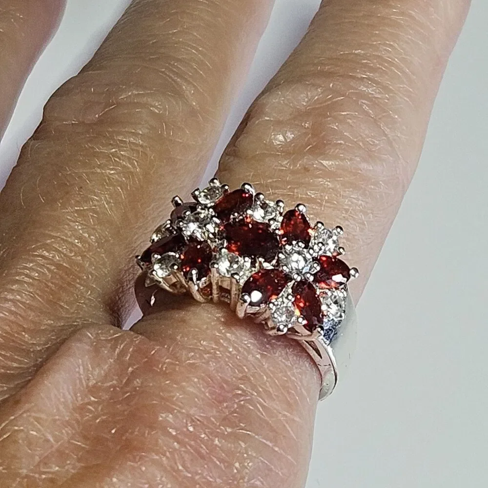 Sterling Silver Orange & Clear Rhinestone Flower Ring Sz 7.5